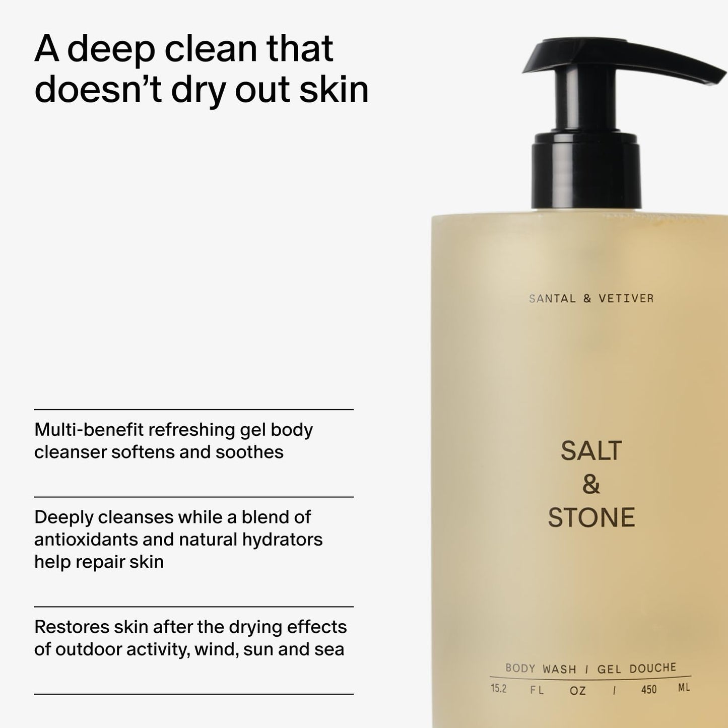 HotSalt & Stone Body Wash for Women & Men, Santal & Vetiver 15.2 fl oz | Shower Gel, Sulfate-Free, Paraben-Free, Dye-Free, Vegan, Hydrating & Moisturizing with Antioxidants, Vitamin C, Niacinamide
