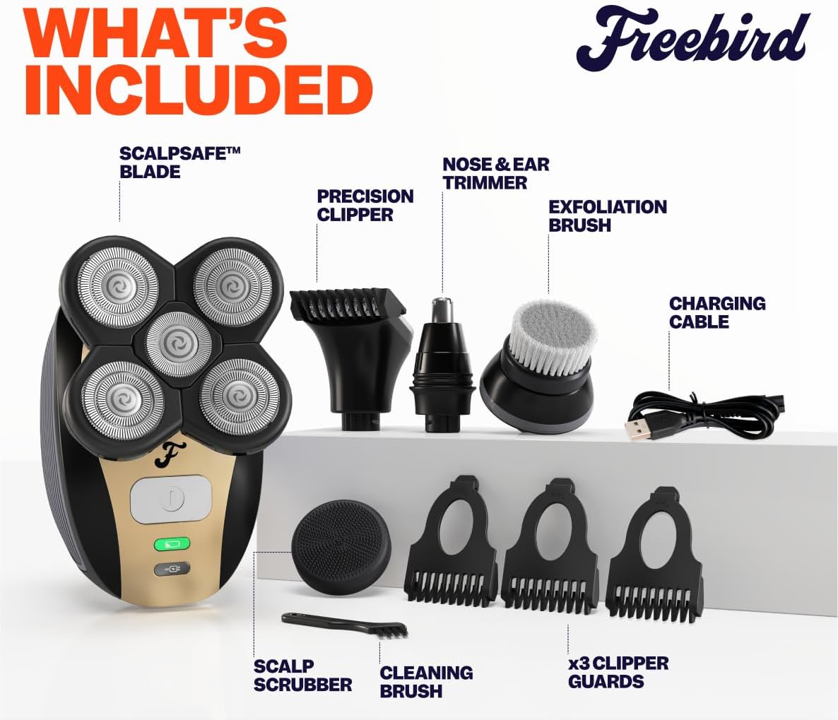HotFreebird FlexSeries Electric Head & Body Hair Shaver - Mens Cordless Rechargeable Wet/Dry Skull Bald Head Back & Groin Waterproof Razor with Rotary Blades, Clippers, Nose Trimmer, Brush, Massager