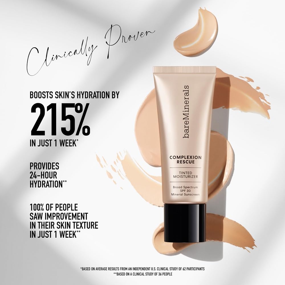 HotbareMinerals Complexion Rescue Tinted Moisturizer with SPF 30, Hydrating Tinted Mineral Sunscreen with Hyaluronic Acid, Sheer-to-Light Coverage, Multi-tasking, Skincare Infused Makeup