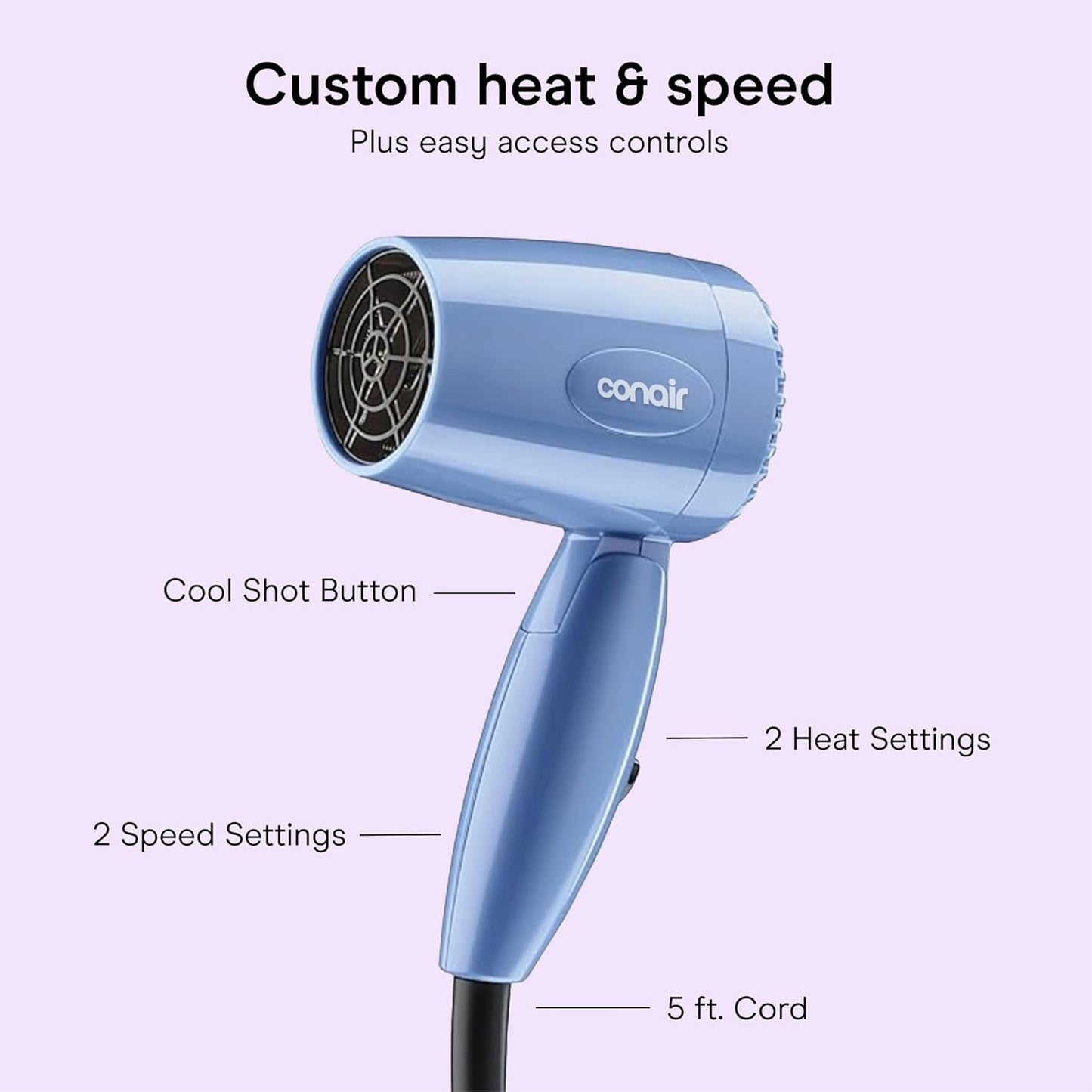 HotConair Dual Voltage Hair Dryer, Compact Folding Handle Design, 1600W | Travel blow dryer for on-the-go styling with foldable 0.75-lb design, high-velocity airflow, and various heat/speed settings