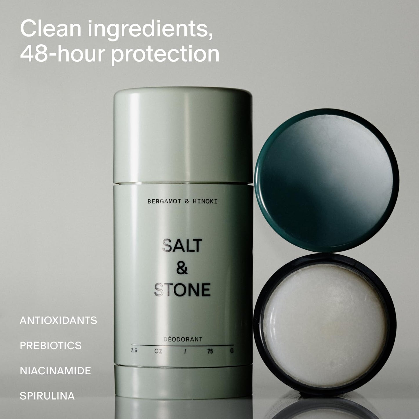HotSalt & Stone Aluminum-Free Deodorant, Women & Men Bergamot & Hinoki 2.6 oz | Extra Strength 48 Hour Protection, Gender Neutral Scent, Made with Niacinamide, Spirulina, Magnesium & Antioxidants