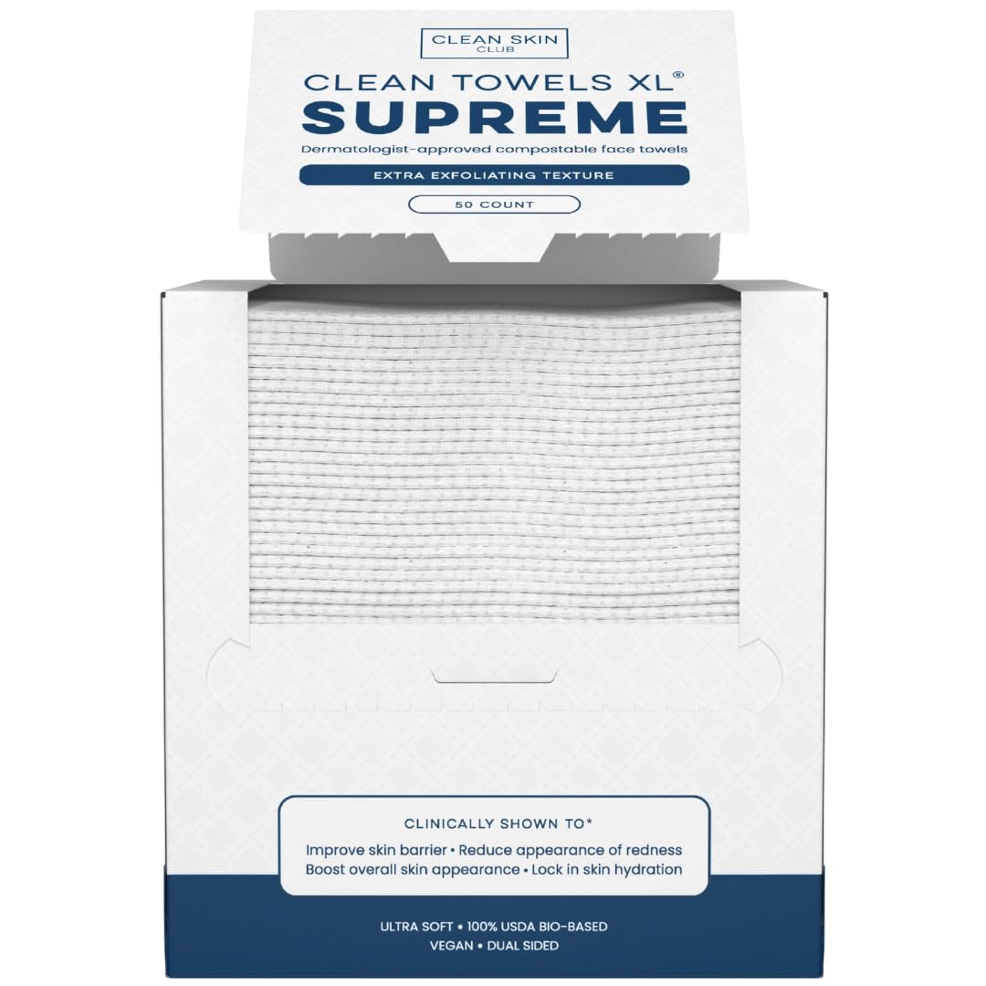 HotClean Skin Club Clean Towels XL® Supreme, 100% USDA Biobased Face Towel, Disposable Face Towelette, Eczema Association Accepted, Thicker Textured Dry Wipes, Ultra Absorbent & Soft, 1 Pack, 50 Ct