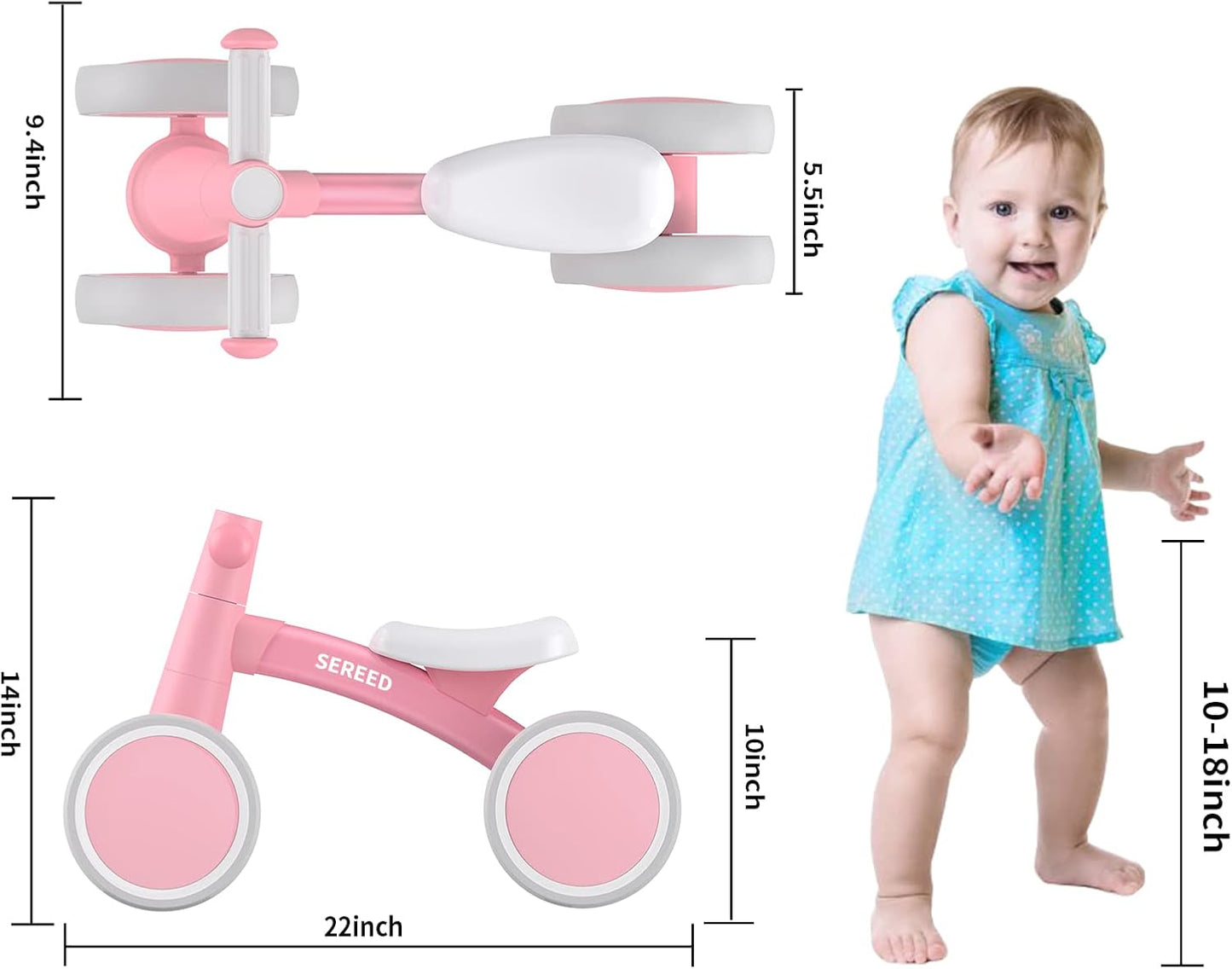 HotSEREED Baby Balance Bike for 1 Year Old Boys Girls 12-24 Month Toddler Balance Bike, 4 Wheels Toddler First Bike, First Birthday Gifts