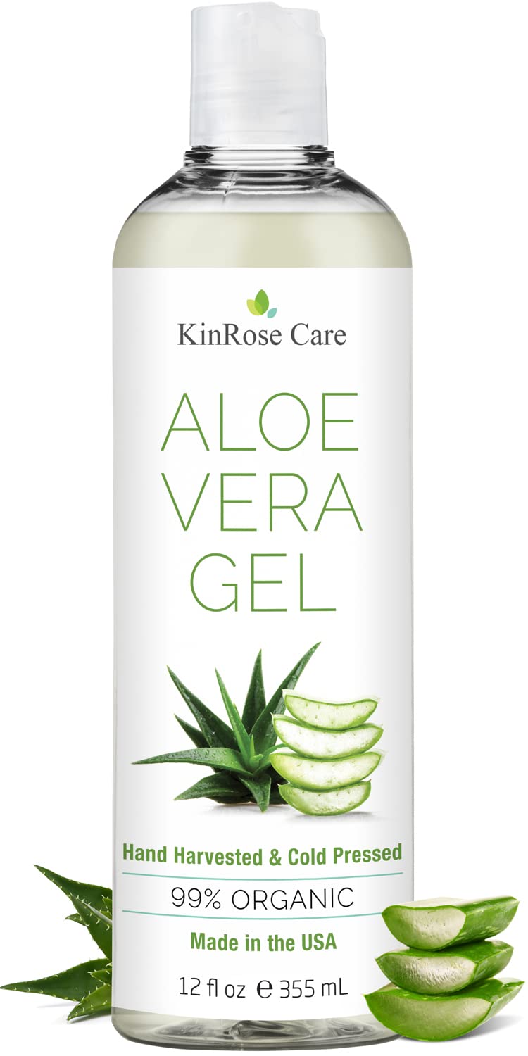 HotKinRose Care, 12oz Aloe Vera Gel for Face, Skin, Hair & Sunburn Relief - From Pure Organic Aloe Vera (99%) - Cold Pressed, Vegan, Unscented - Made in USA.