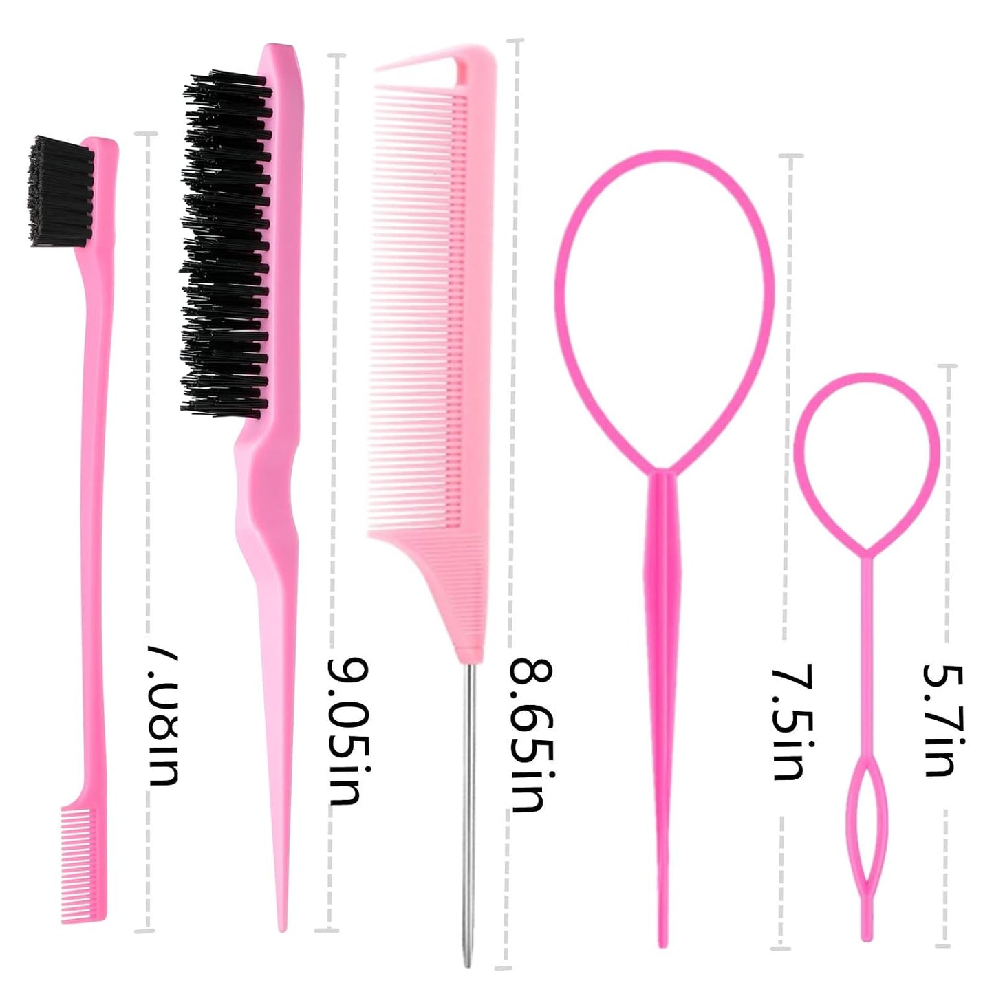 HotZVOREI 8Pcs Hair Brushes Set with 4Pcs Topsy Hair Tail Tools 1Pcs Bristle Teasing Hair Brush 1Pcs Edge Control Brush 2Pcs Metal Pin Rat Tail Combs for Woman Girl Hair Styling,Edge&Back Brushing,Pink