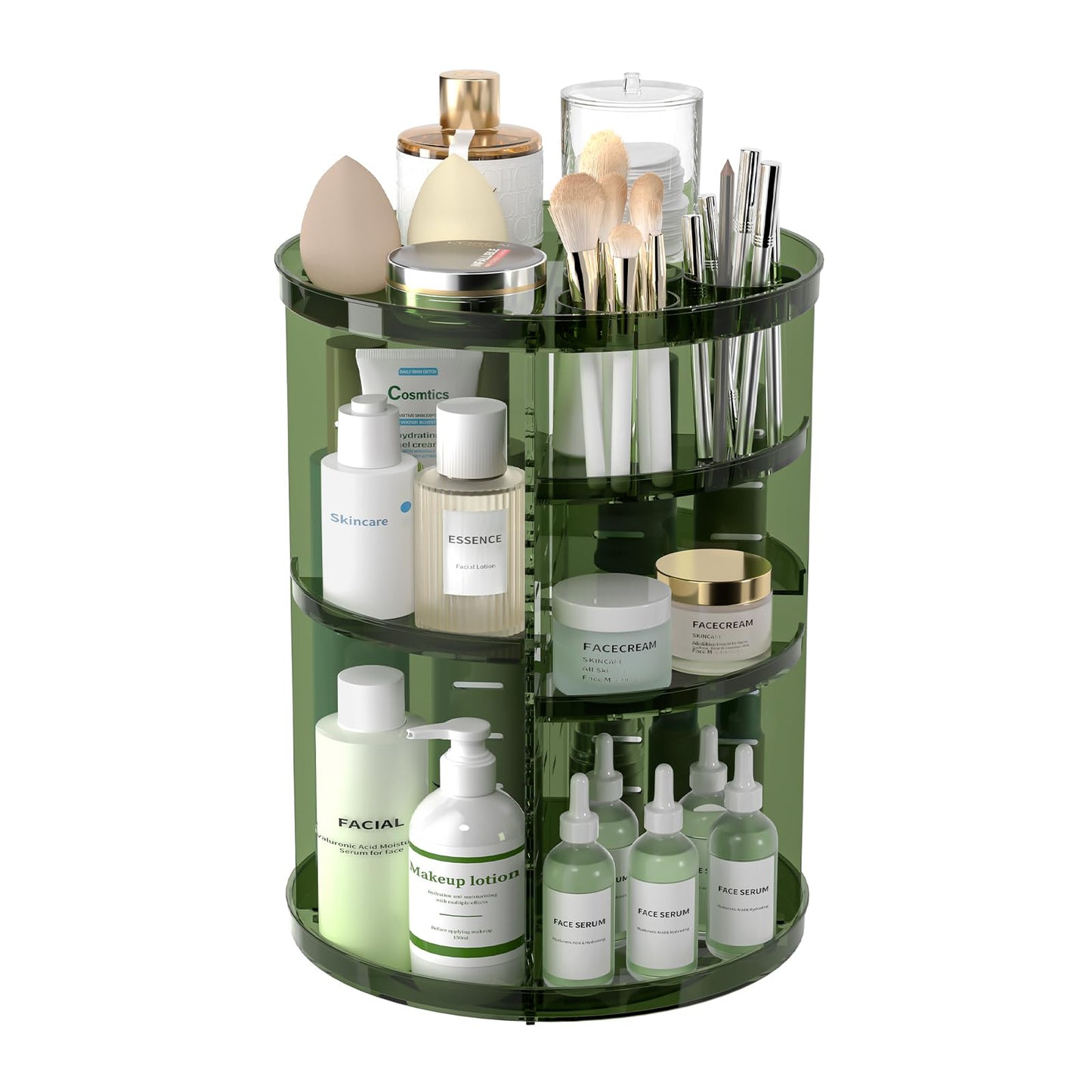 HotRotating Makeup Organizer, DIY 8 Adjustable Layers Spinning Skincare Storage, Cosmetic Display Case with Brush Holder and Perfume Tray, Multi-Function Vanity Bathroom Countertop Organizer Clear