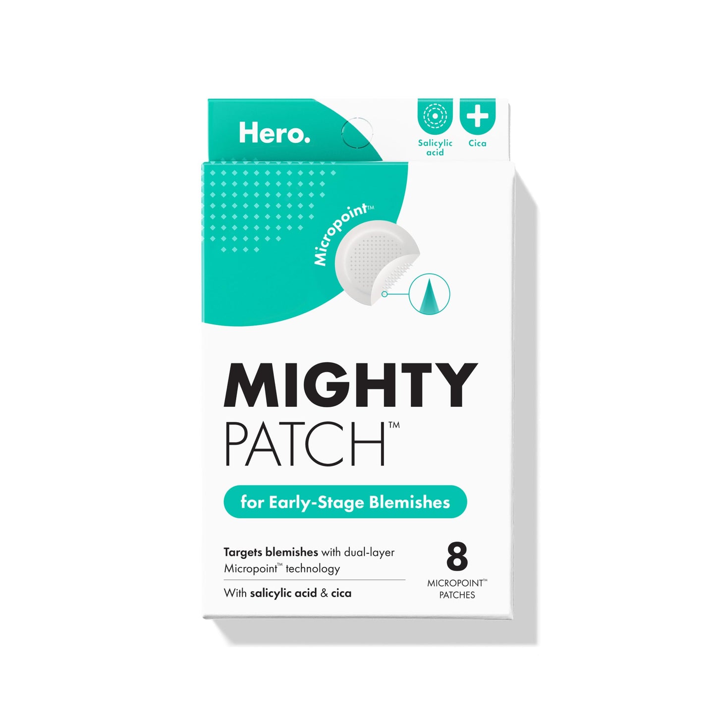 HotMighty Patch Hero Cosmetics Micropoint Acne Pimple Patches, 8 Ct | For Early Stage Zits & Hidden Blemishes; Hydrocolloid with Salicylic Acid, Niacinamide, Cica; 395 Micropoints; Acne Stickers