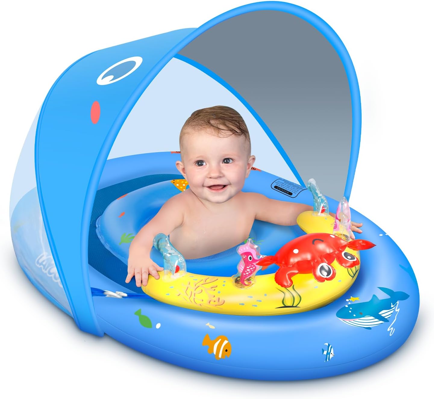 HotLAYCOL Baby Pool Float with Canopy UPF50+, 120°Adjustable Sun Protection and Anti-Tip Safety Seat, Inflatable Toddler Floaties Infant Pool Float with Animal Pool Toys, Baby Beach Essentials for 6-36M