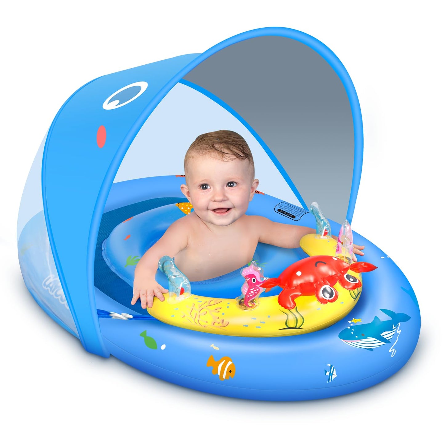 HotLAYCOL Baby Pool Float with Canopy UPF50+, 120°Adjustable Sun Protection and Anti-Tip Safety Seat, Inflatable Toddler Floaties Infant Pool Float with Animal Pool Toys, Baby Beach Essentials for 6-36M