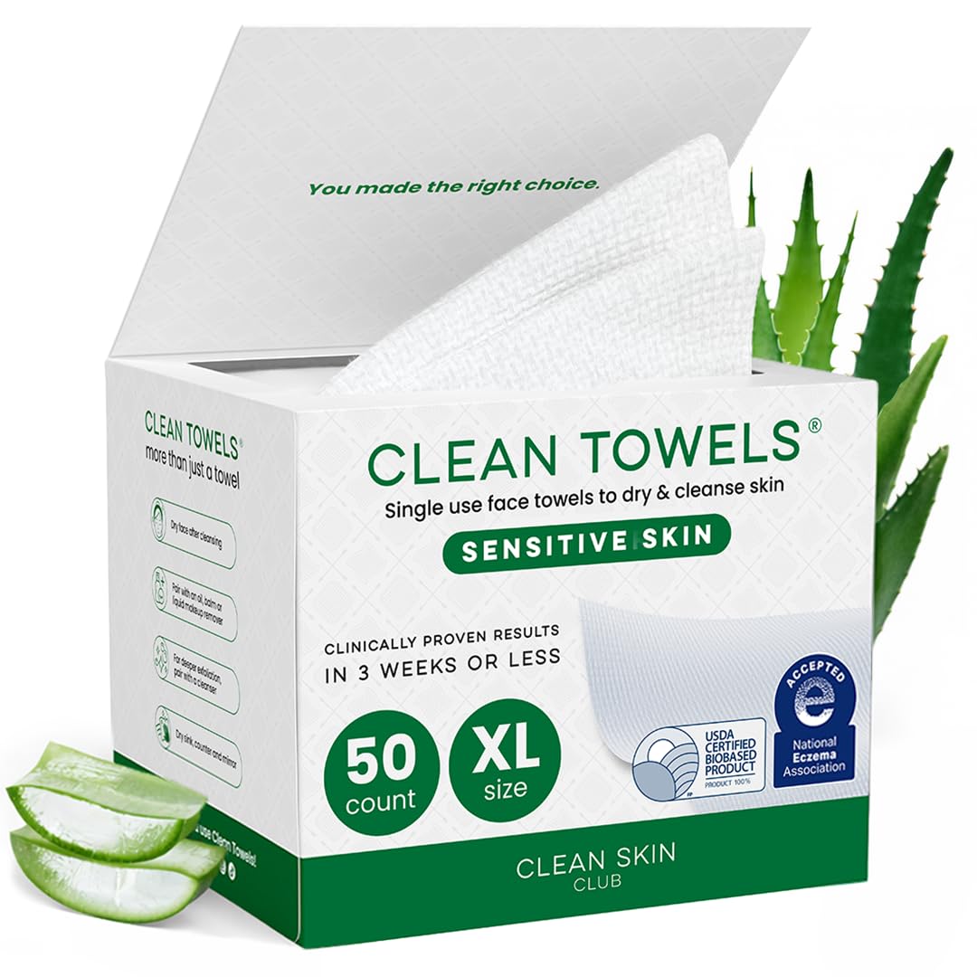 HotCLEAN SKIN CLUB Sensitive Skin Clean Towels® XL, Ultra-Soft Disposable Face Dry Wipes Infused with Aloe & Glycerin, XL - 1 Pack (50 count)