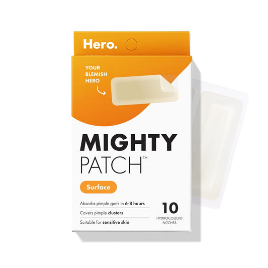 HotHero Cosmetics Mighty Patch Surface Large Acne Pimple Patches, 10 Ct | Multi-Blemish Acne Spot Patch; For Cheek, Forehead, and Chin; Hydrocolloid Covers; Pimple Stickers; Vegan-friendly
