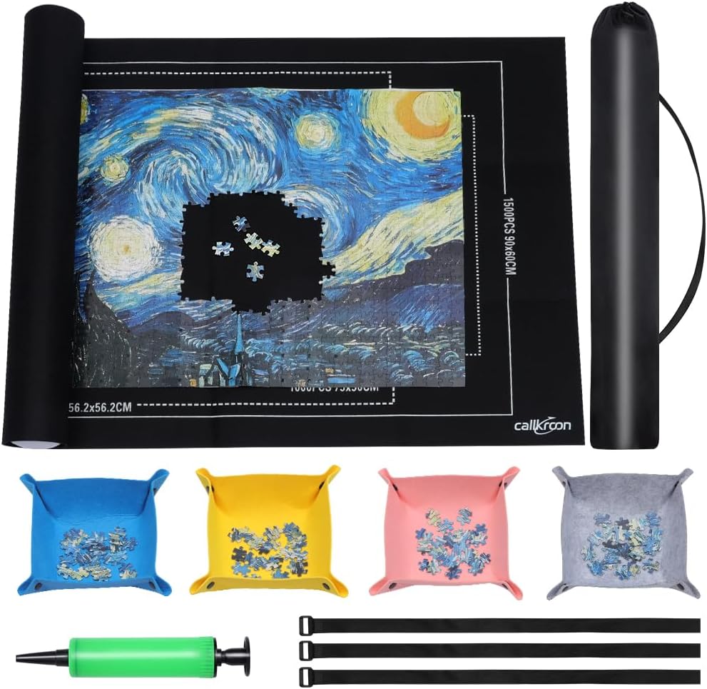 Hot Puzzle Mat Roll Up for 1500 Pieces, Felt Puzzle Board Alternative Gift Set with 4 Sorting Trays and Inflatable Tube, Premium Puzzle Saver Mat for Storage, Portable Puzzle Rolling Mat