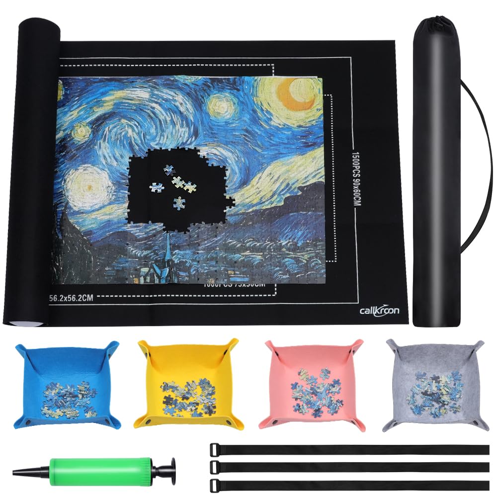 Hot Puzzle Mat Roll Up for 1500 Pieces, Felt Puzzle Board Alternative Gift Set with 4 Sorting Trays and Inflatable Tube, Premium Puzzle Saver Mat for Storage, Portable Puzzle Rolling Mat