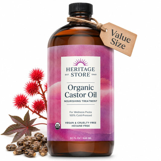HotHERITAGE STORE Organic Castor Oil - 32oz Glass Bottle - Nourishing Treatment for Hair and Skin Care - Eyelash Serum for Eyelashes and Brows - Cold Pressed, Hexane Free, Vegan - 32oz