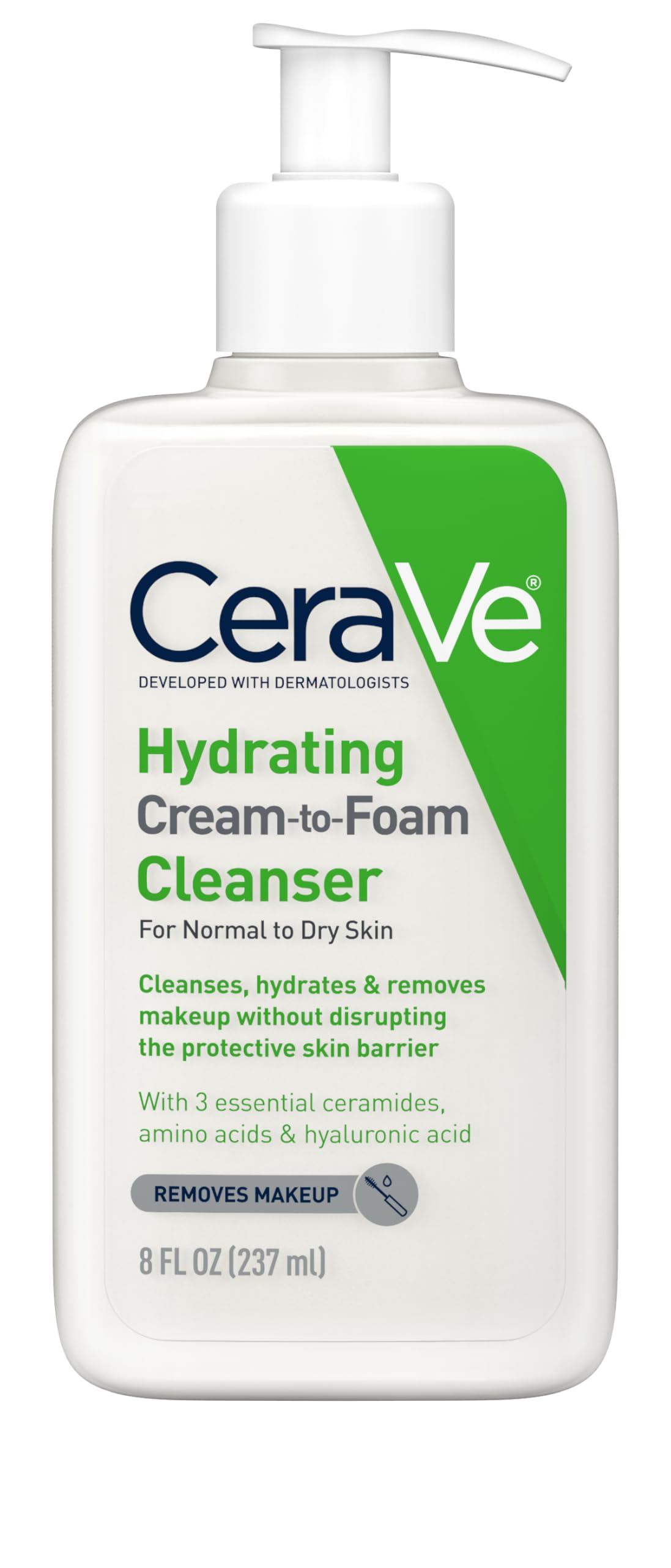 HotCeraVe Hydrating Cream To Foam Cleanser, Makeup Remover Face Wash For Dry Skin, Foaming Facial Cleanser With Hyaluronic Acid, Normal To Dry Skin, Fragrance Free & Non Comedogenic, 19 Fluid Ounce