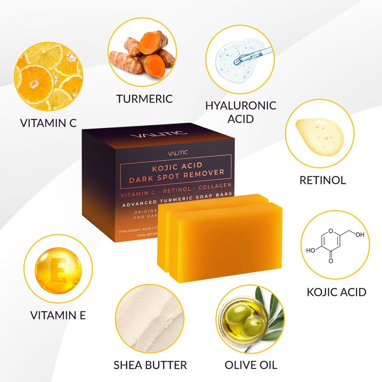 HotVALITIC Kojic Acid Dark Spot Remover Soap Bars with Vitamin C, Retinol, Collagen, Turmeric - Original Japanese Complex Infused with Hyaluronic Acid, Vitamin E, Shea Butter, Castile Olive Oil (2 Pack)