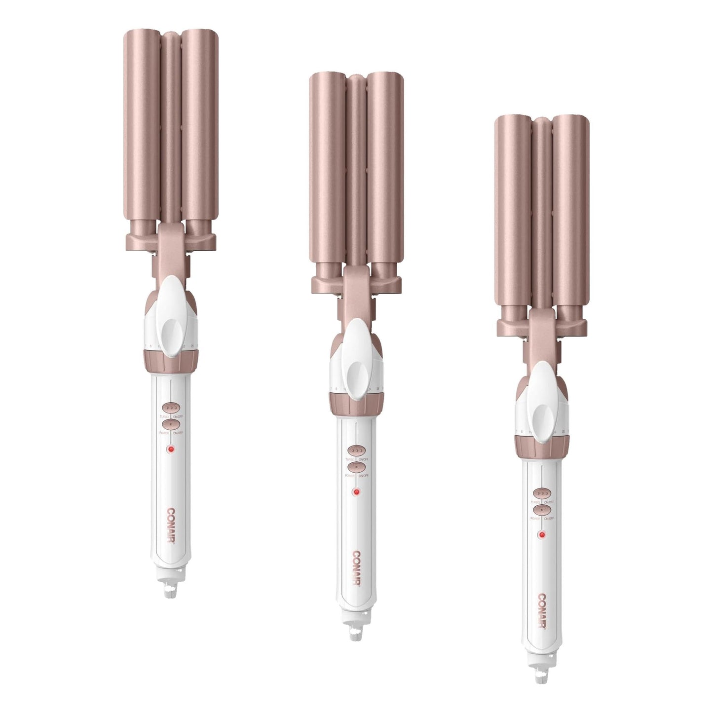 HotConair Curling Iron & Waver Hair Tool, Triple Barrel, White/Rose Gold | Double Ceramic Conair curling iron with 5/8" outer barrels, a 1/2" inner barrel, 30 heat settings, and auto-off function