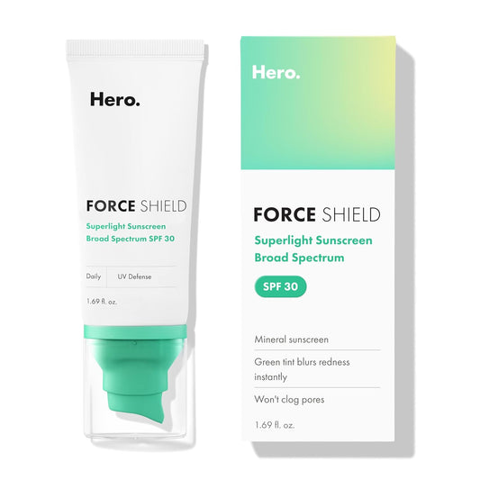 HotHero Cosmetics Force Shield Superlight Sunscreen SPF 30, 1.69 Fl Oz | Improves Redness & Post-Blemish Marks; Color-Correcting Green Cream; Long-Lasting Hydration; Dermatologist Tested