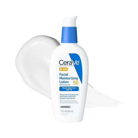 HotCeraVe AM Facial Moisturizing Lotion SPF 50, Face Moisturizer with SPF, Hyaluronic Acid, Niacinamide & Ceramides, Non-Greasy, Blends Seamlessly With No White Cast, Non Comedogenic Sunscreen, 3 Oz