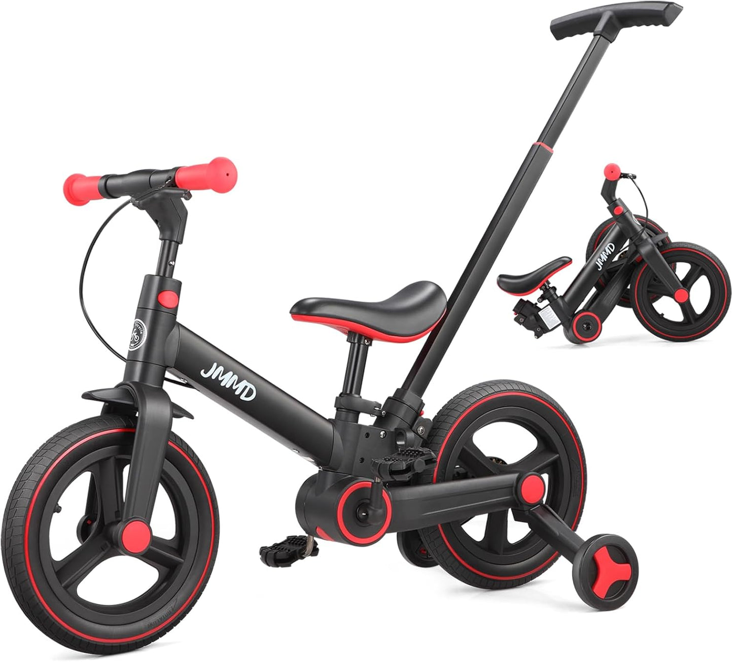 Hot JMMD 6 in 1 Toddler Bike with Push Handle for Kids 18-60 Months, 12" Foldable Balance Bike with Training Wheels, Pedals, Brakes, Kickstand, Push Tricycle Toddler Gift & Toys for Boy & Girl