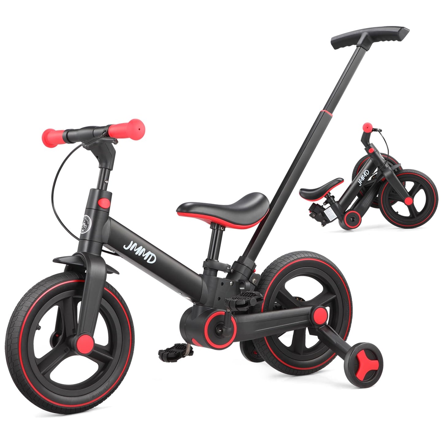 Hot JMMD 6 in 1 Toddler Bike with Push Handle for Kids 18-60 Months, 12" Foldable Balance Bike with Training Wheels, Pedals, Brakes, Kickstand, Push Tricycle Toddler Gift & Toys for Boy & Girl