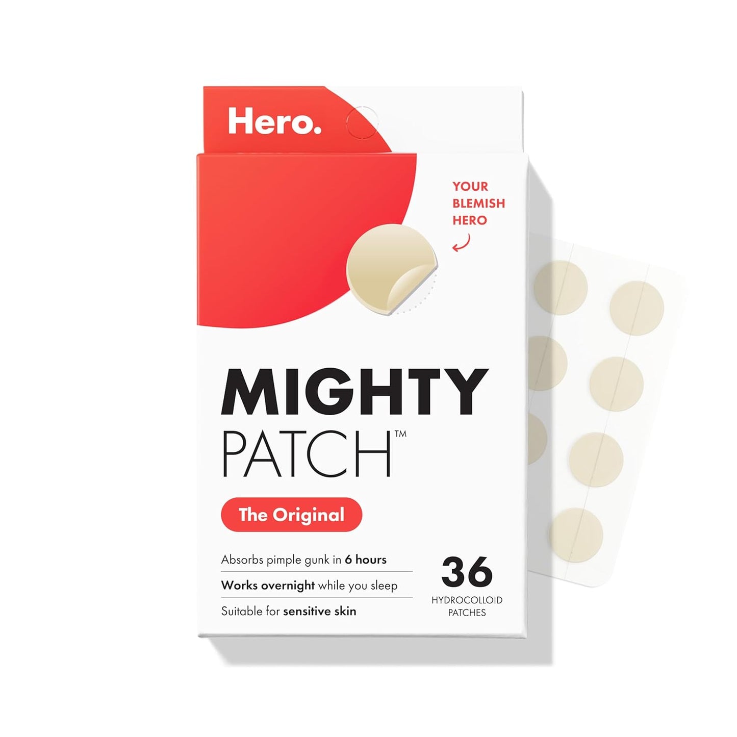 HotMighty Patch Hero Cosmetics Original Nighttime Acne Pimple Patches, 36 Ct | #1 Hydrocolloid Acne Patches, Shrinking Zits & Whiteheads in 1 Use, Spot Treatment, Pimple Stickers for Face