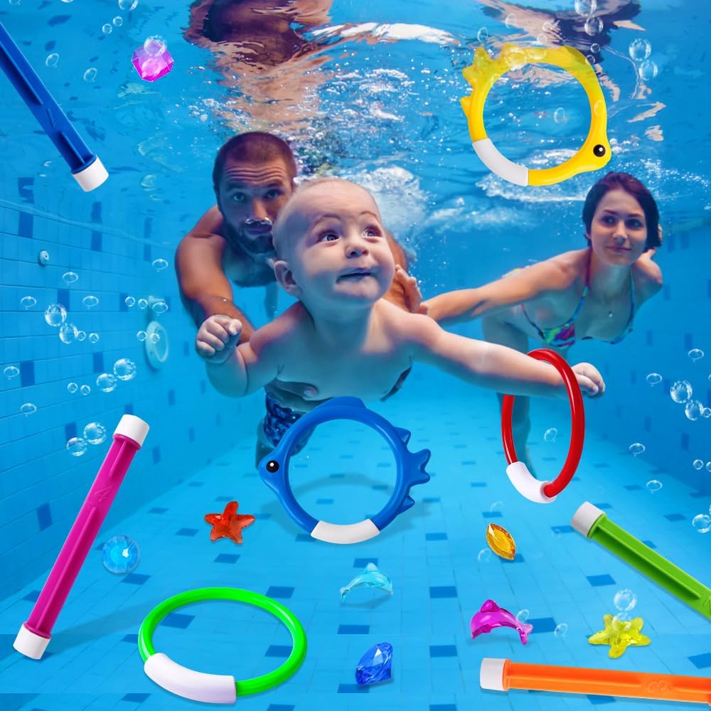 HotYUJUN 18PCS Pool Diving Swimming Toys, Summer Underwater Game Toys with Pool Fishes Dive Sticks Rings Gems Storage Bag for Kids Swim Birthday Party Favors