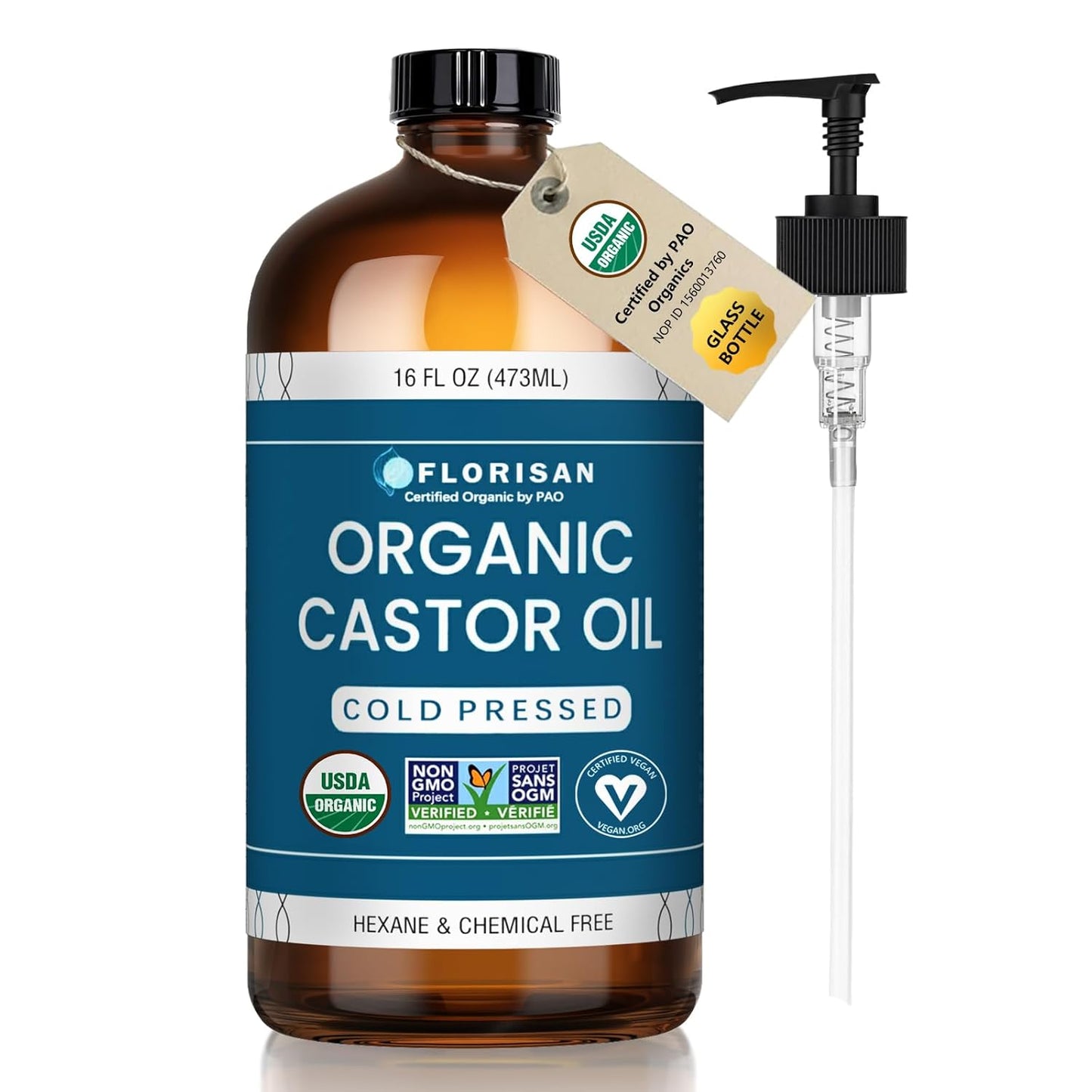 HotFlorisan USDA Certified Organic Castor Oil 16oz Glass Bottle, Cold Pressed, Hexane-Free, Non-GMO, Vegan, 100% Pure Castor Oil for Hair Growth, Skin, Lashes, Eyebrows, EWG Verified