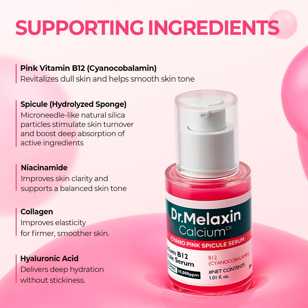HotDr.Melaxin Cyano Pink Spicule Serum with Vitamin B12, Liquid Microneedle Facial Treatment for Enlarged Pores, Niacinamide for Texture Refining & Renewal, 1.01 fl.oz
