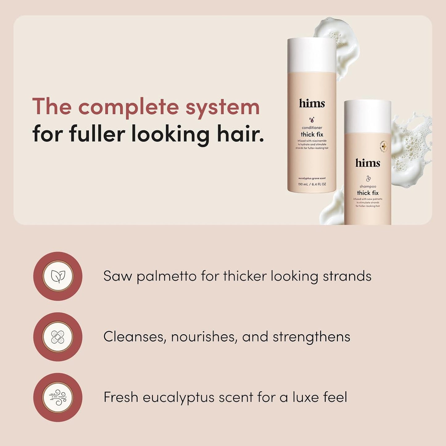 Hothims Thick Fix Shampoo & Conditioner Set - Saw Palmetto for Healthy Hair Growth & Thickening - Scalp Cleansing - Vegan, Sulfate-Free & Cruelty-Free - Eucalyptus Scent, 6.4 fl oz