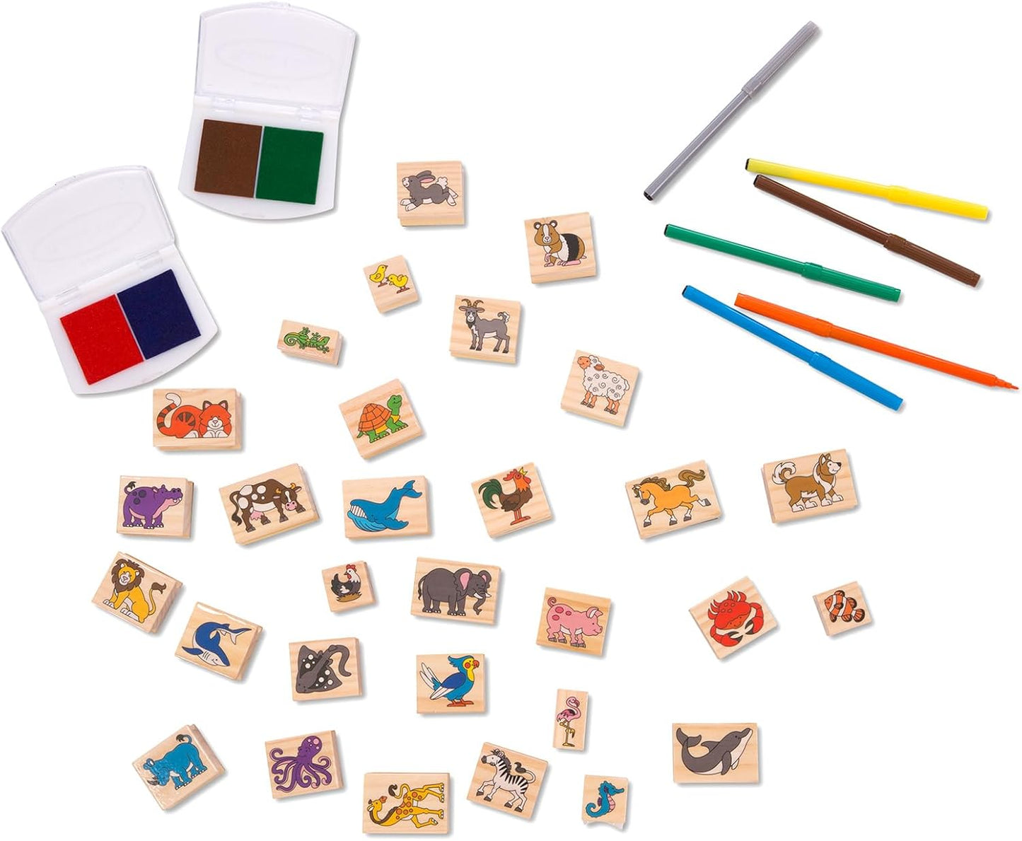 Hot Melissa & Doug Deluxe Wooden Stamp Set: Animals - 30 Stamps, 6 Markers, 2 Stamp Pads Kids Art Projects, Wooden Stamps with Washable Ink, for Kids Ages 4+