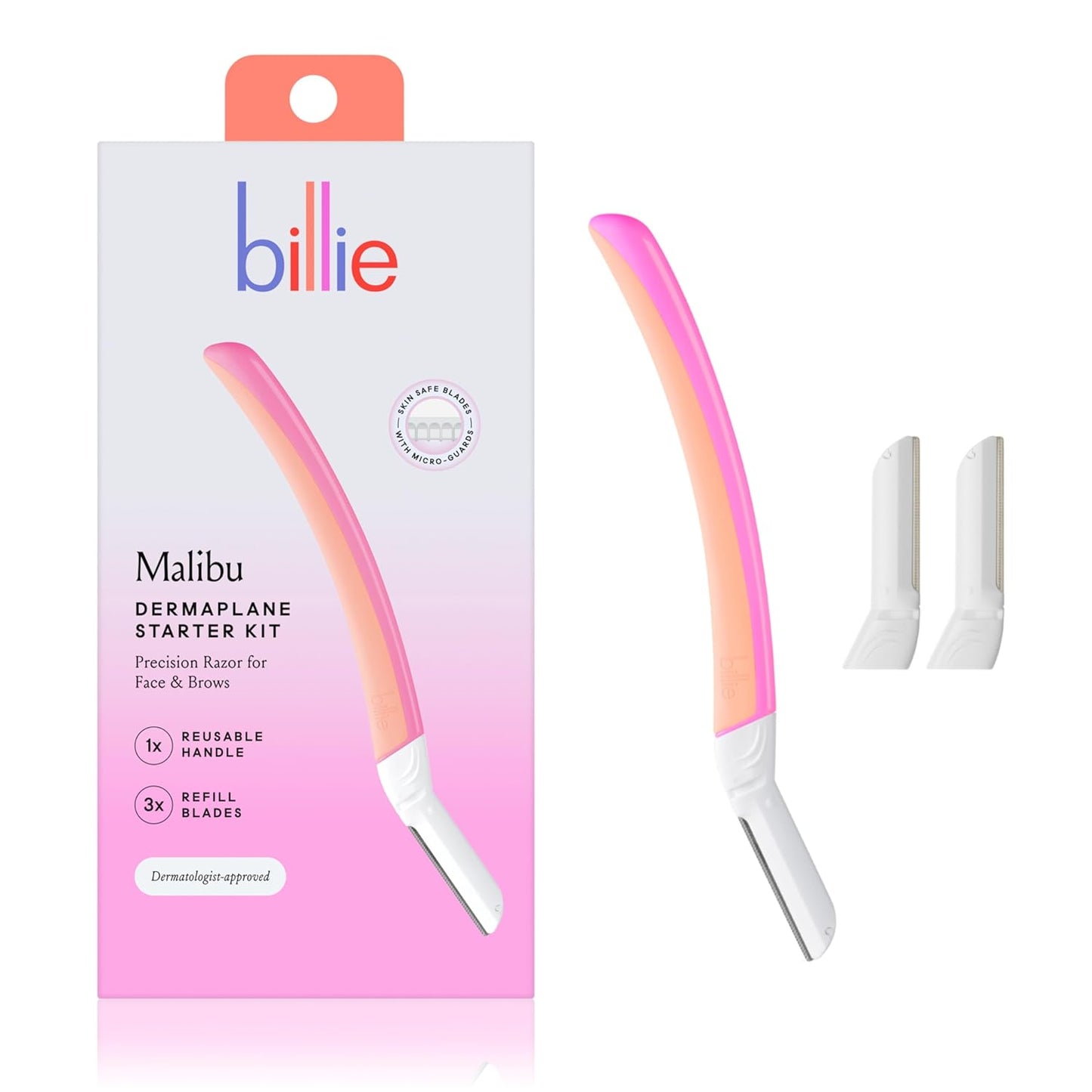 HotBillie - Dermaplane Starter Kit - Reusable Handle + 3 Refill Blades - Remove Facial Hair + Perfectly Shape Brows - Dermatologist-Approved - Malibu
