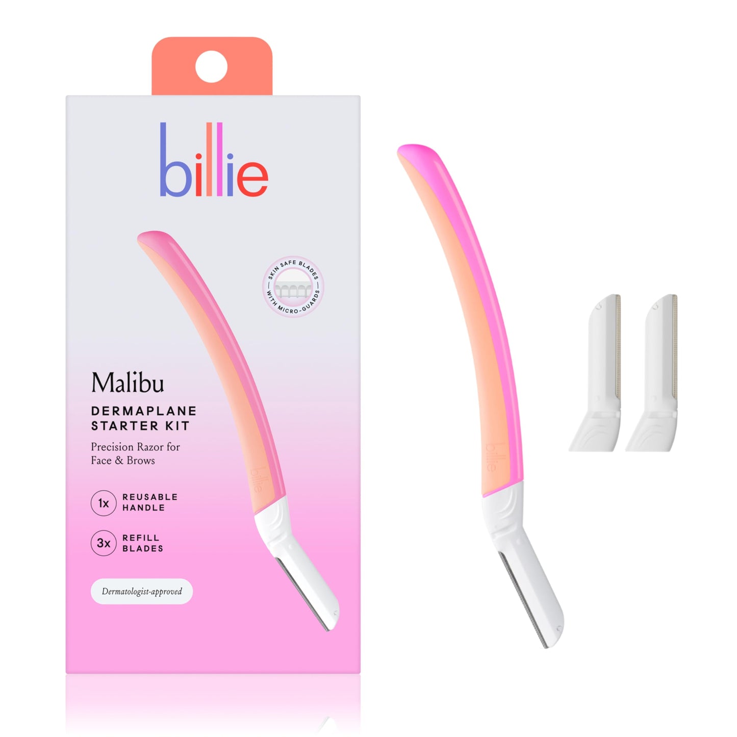 HotBillie - Dermaplane Starter Kit - Reusable Handle + 3 Refill Blades - Remove Facial Hair + Perfectly Shape Brows - Dermatologist-Approved - Malibu