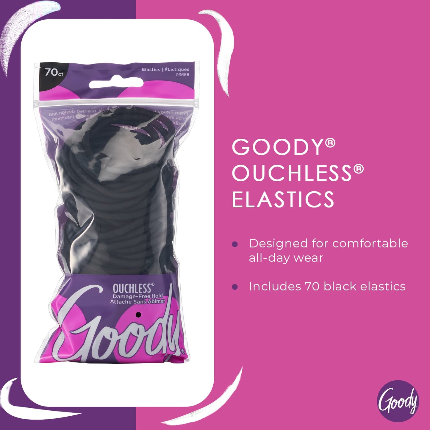 HotGoody Ouchless Hair Elastics – No Pull, No Breakage, Tangle-Free Hold for Thick, Curly, Coily & Textured Hair – 70 Count, Black, Long-Lasting Ponytail Holders for Women & Men