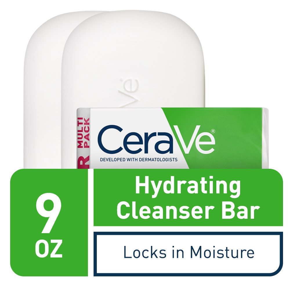 HotCeraVe Hydrating Cleanser Bar, Soap-Free Body and Facial Cleanser with 5% Moisturizing Cream, Fragrance-Free, 2-Pack, 4.5 Ounce Each