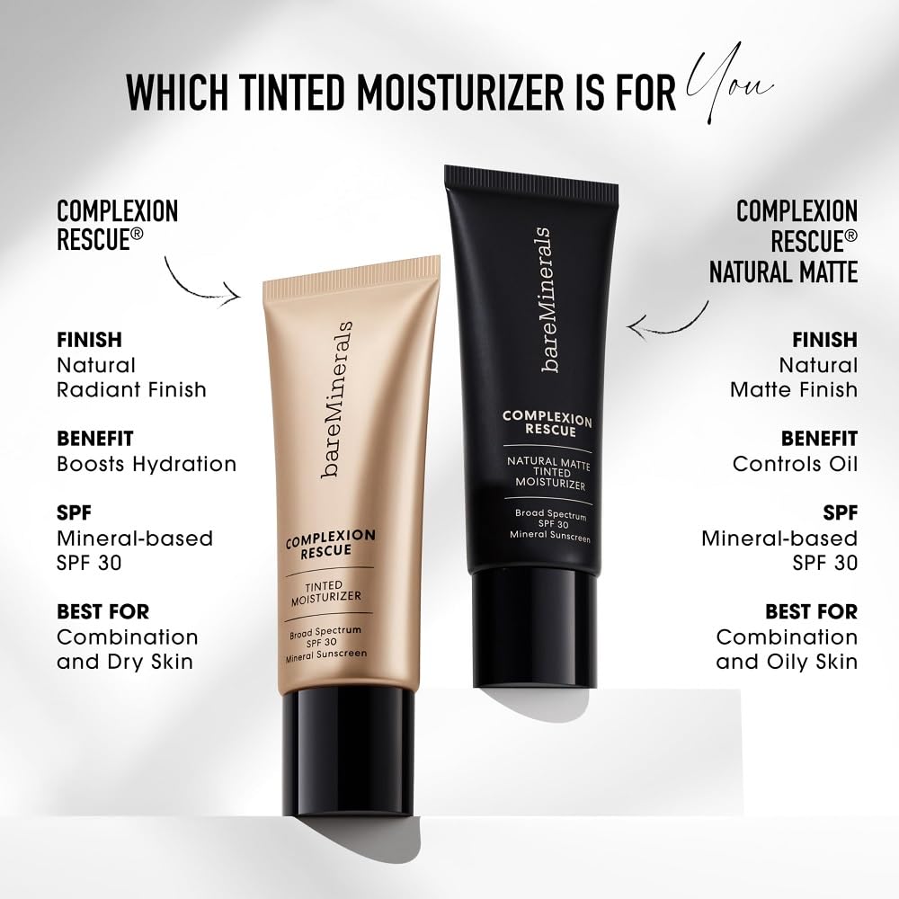 HotbareMinerals Complexion Rescue Tinted Moisturizer with SPF 30, Hydrating Tinted Mineral Sunscreen with Hyaluronic Acid, Sheer-to-Light Coverage, Multi-tasking, Skincare Infused Makeup