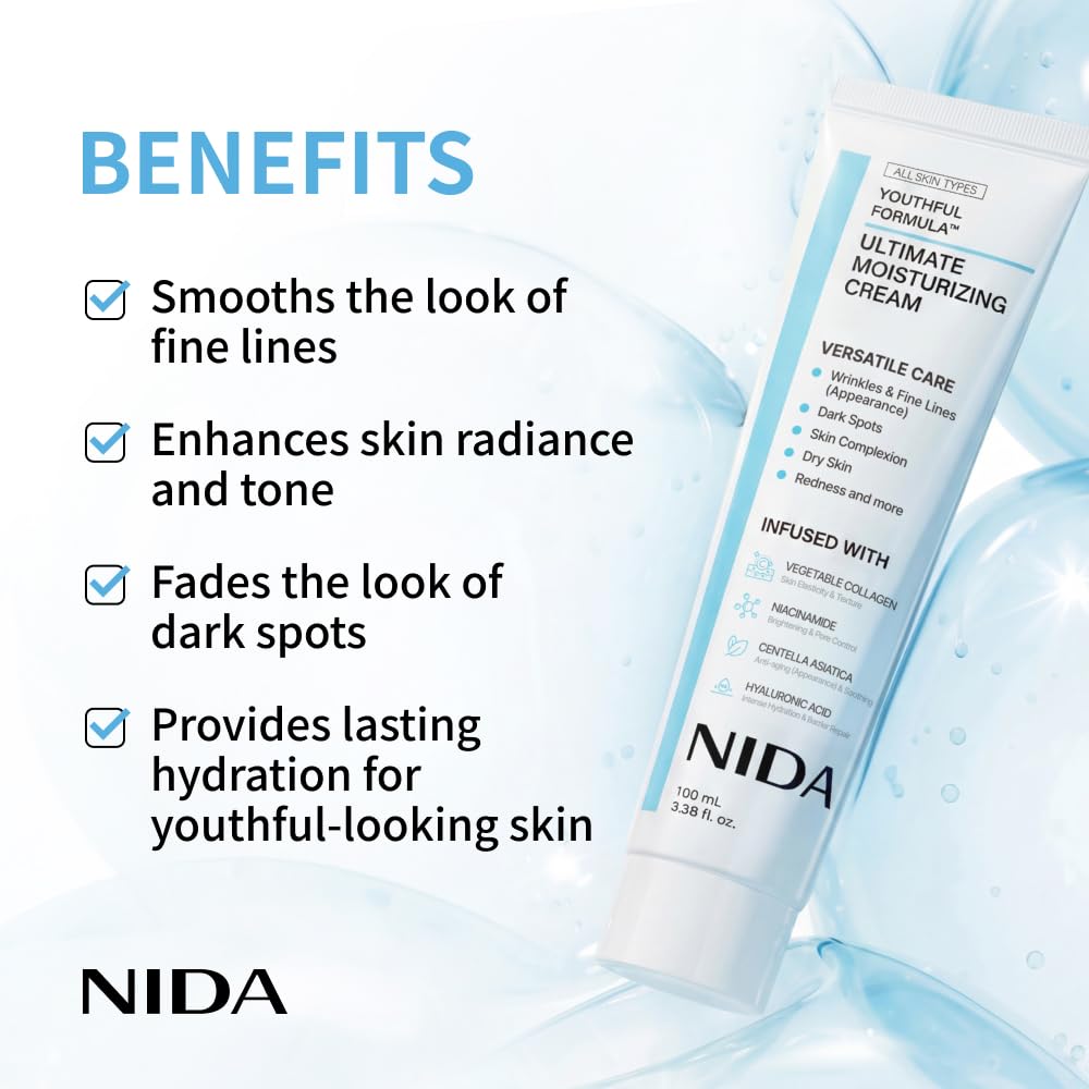 HotNIDA Youthful Formula™ Ultimate Moisturizing Cream | Centella Asiatica, Niacinamide, Hyaluronic Acid, Collagen | Wrinkles, Fine Lines, Dark Spots, Dry Skin, Redness | 3.38 fl. oz., 100ml