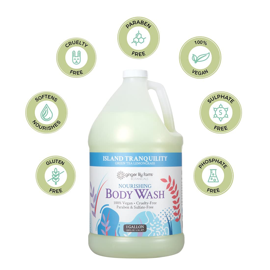 HotGinger Lily Farms Botanicals Nourishing Body Wash, Island Tranquility, 100% Vegan & Cruelty-Free, Green Tea Lemongrass Scent, 1 Gallon Refill (128 fl. oz.)