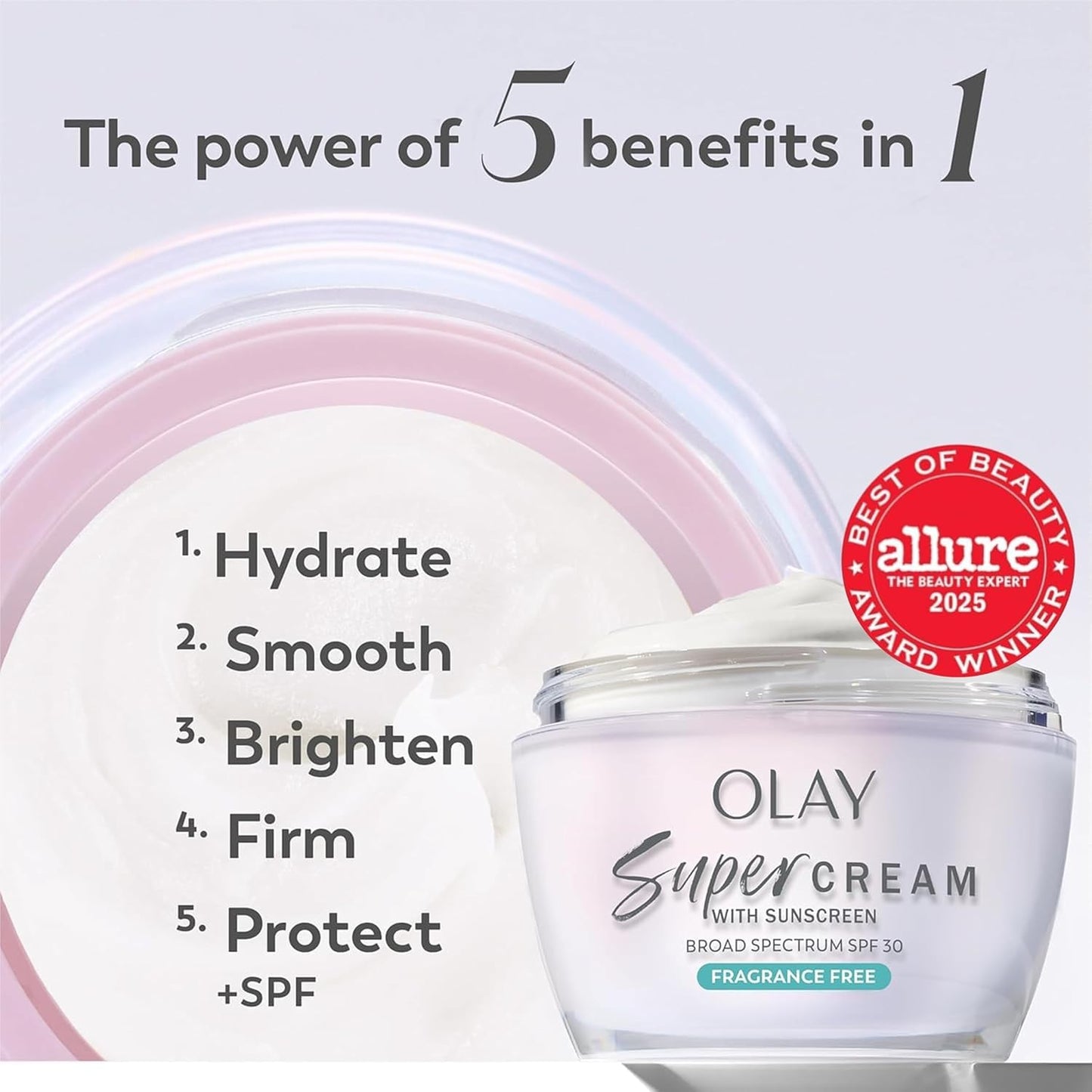 HotOlay Super Cream with Sunscreen SPF 30, Fragrance Free Lightweight Face Moisturizer with Sun Protection, 5-in-1 Skin Care - Hydrating, Brightening - Niacinamide, Vitamin C, Collagen, 1.7 oz