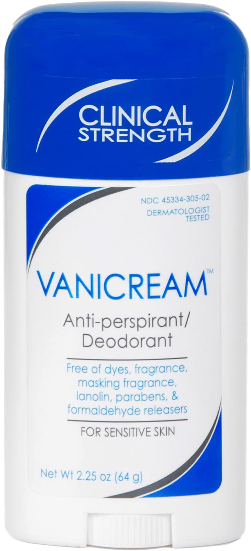 HotVanicream Antiperspirant Deodorant Stick, 2.25 Oz, Formulated without Common Irritants for Sensitive Skin, Clinical Strength with 24-Hour Protection, Reduces Underarm Wetness, Unscented