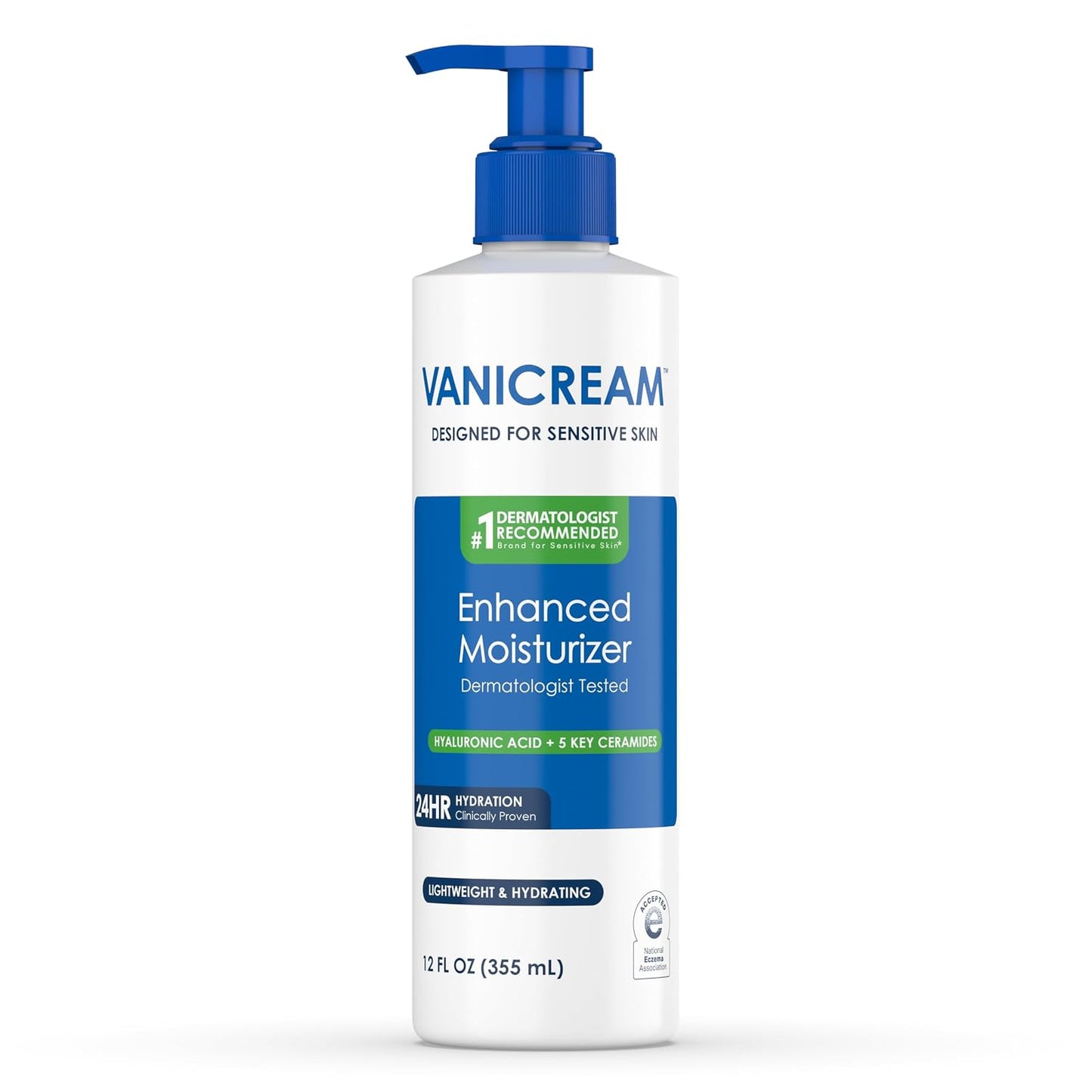 HotVanicream Enhanced Moisturizer, 12 Fl Oz, Daily Body Lotion for Dry, Sensitive Skin, Clinically Tested 24Hr Hydration with Hyaluronic Acid, Glycerin & Ceramides, Formulated without Common Irritants