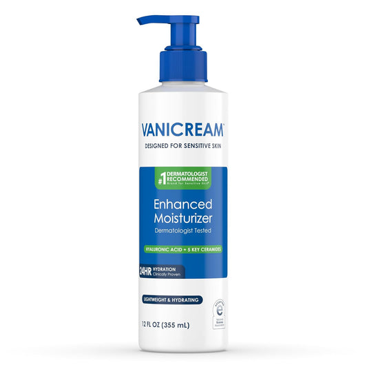 HotVanicream Enhanced Moisturizer, 12 Fl Oz, Daily Body Lotion for Dry, Sensitive Skin, Clinically Tested 24Hr Hydration with Hyaluronic Acid, Glycerin & Ceramides, Formulated without Common Irritants