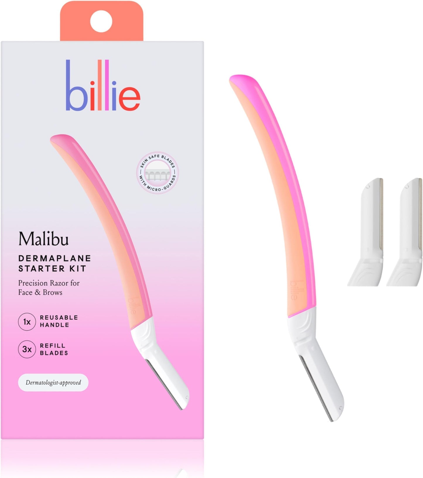 HotBillie - Dermaplane Starter Kit - Reusable Handle + 3 Refill Blades - Remove Facial Hair + Perfectly Shape Brows - Dermatologist-Approved - Malibu