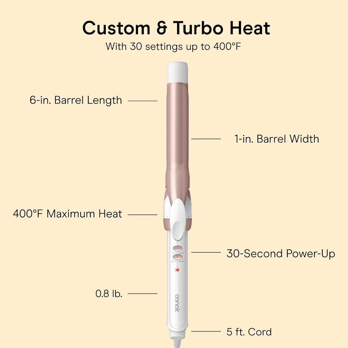 HotConair Curling Iron, Double Ceramic, 1" Barrel, White/Rose Gold | Hair curler and hair waver for medium to long hair with 30 heat settings, built-in heat protection, a cool tip, and auto off