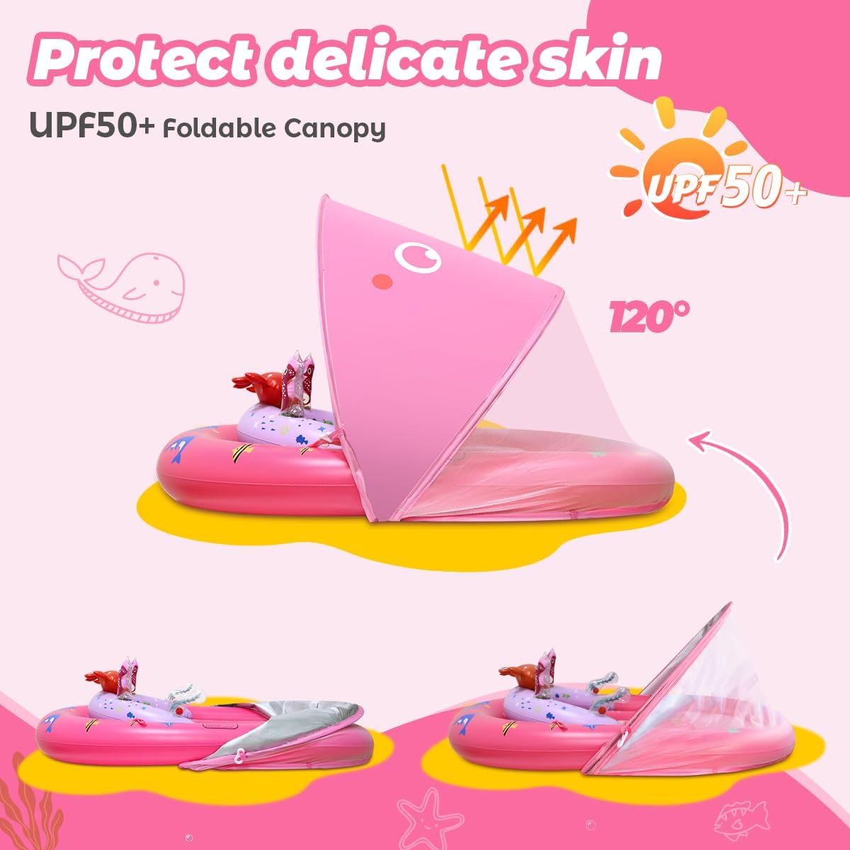 Hot LAYCOL Baby Pool Float with Canopy UPF50+, 120°Adjustable Sun Protection and Anti-Tip Safety Seat, Inflatable Toddler Floaties Infant Pool Float with Animal Pool Toys, Baby Beach Essentials for 6-36M