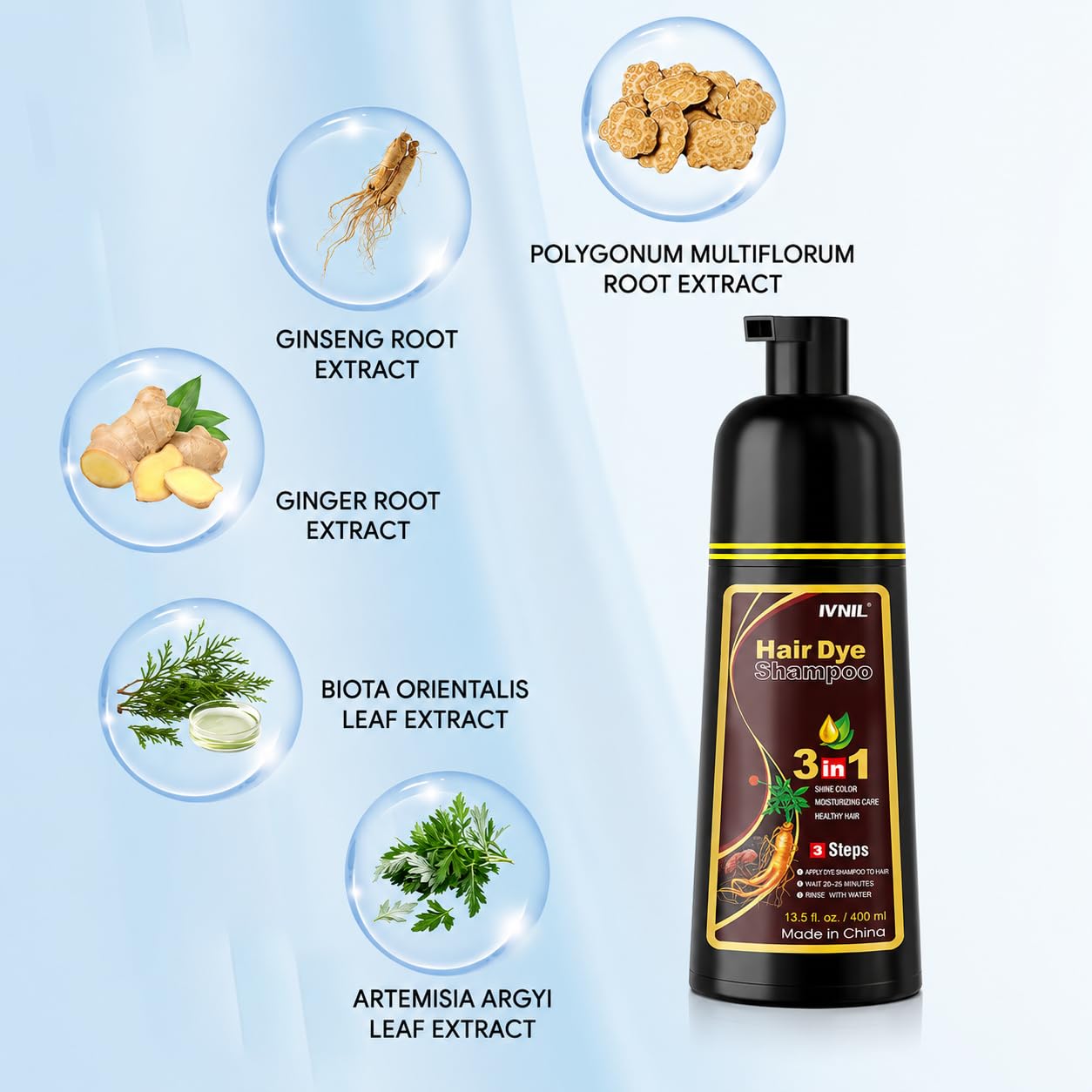 HotIvnil Brown Hair Dye Shampoo for Gray Coverage Hair Color Shampoo Champu Con Tinte Para Canas 3 in 1 Men and Women