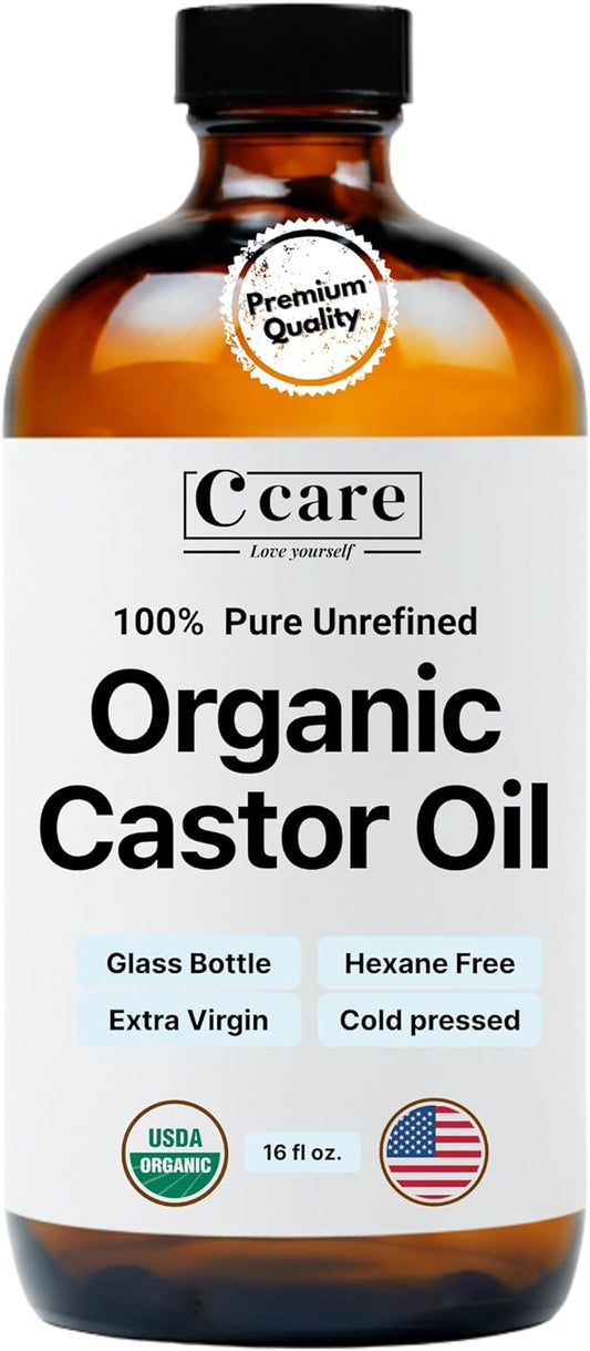HotC CARE Castor Oil 100% Pure Organic Cold Pressed Unrefined Glass Bottle | USDA Certified Organic | Hexane Free Extra Virgin | For Hair Growth Eyebrows Eyelashes Skin and Castor Oil Pack Wrap | 16oz