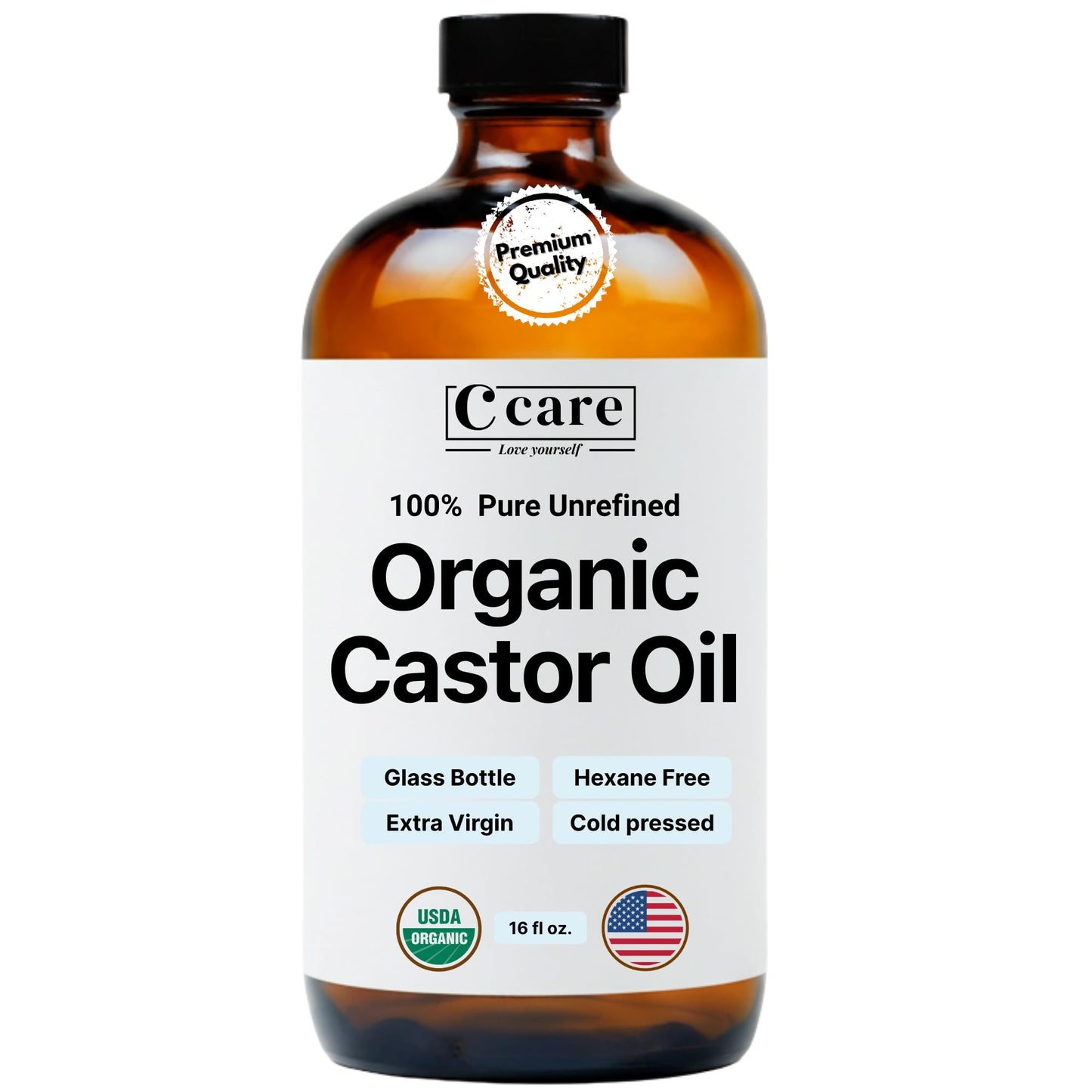 HotC CARE Castor Oil 100% Pure Organic Cold Pressed Unrefined Glass Bottle | USDA Certified Organic | Hexane Free Extra Virgin | For Hair Growth Eyebrows Eyelashes Skin and Castor Oil Pack Wrap | 16oz
