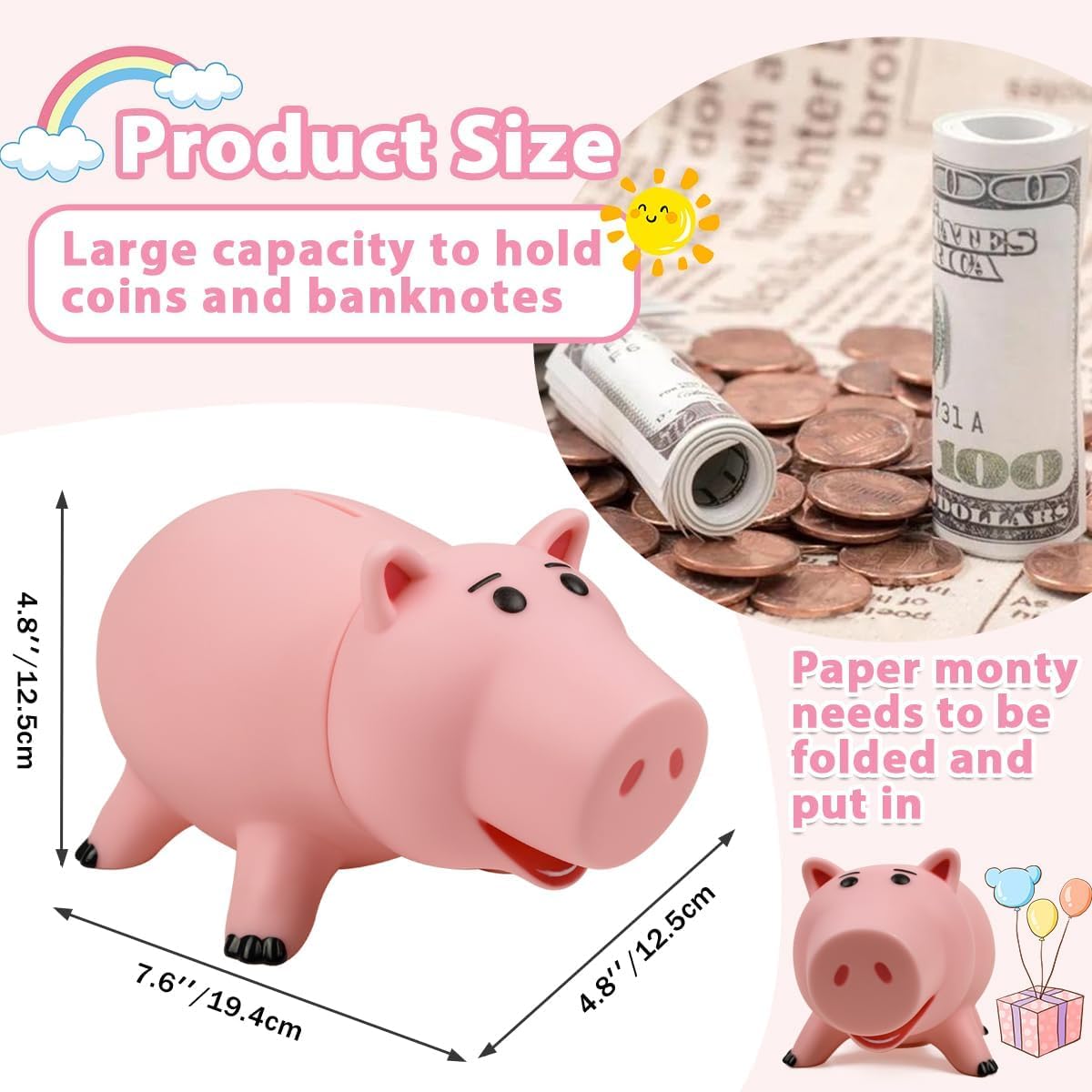 HotPiggy Bank Unbreakable Cute Pink Pig Money Bank Plastic Saving Coin Bank for Kids Christmas Birthday Gift