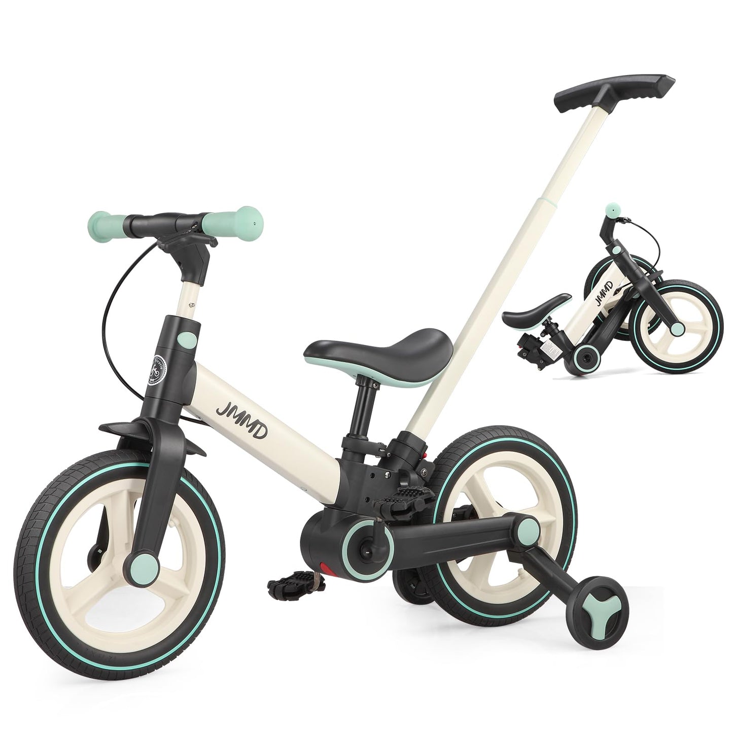 Hot JMMD 6 in 1 Toddler Bike with Push Handle for Kids 18-60 Months, 12" Foldable Balance Bike with Training Wheels, Pedals, Brakes, Kickstand, Push Tricycle Toddler Gift & Toys for Boy & Girl